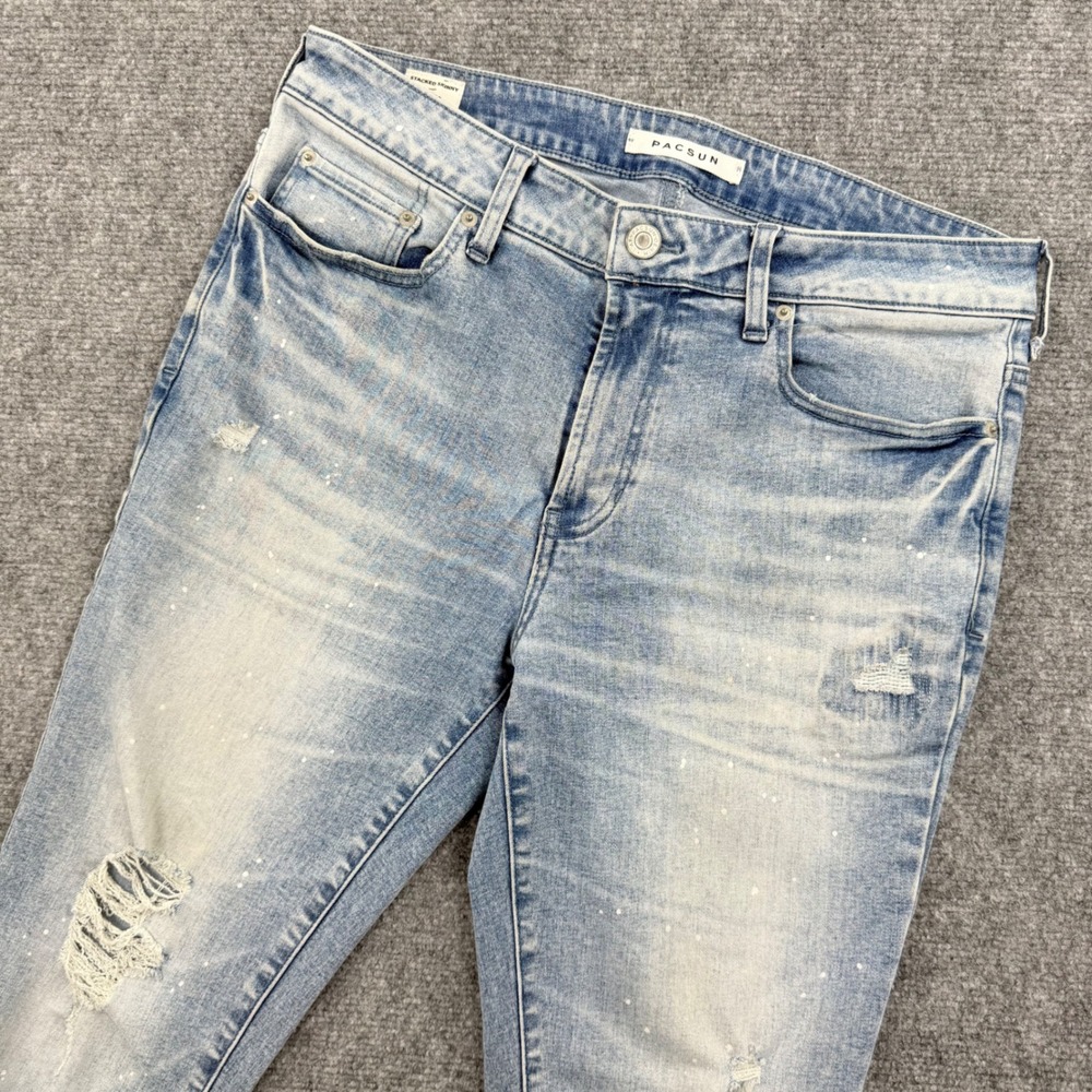 PAC SUN Stacked Skinny Jeans Light Wash‎ Distressed Paint Splatter Women 32x32